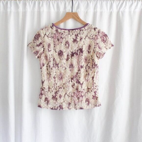 Vintage Textured V-Neck Purple and White Lace Short Sleeve Blouse Medium - Picture 3 of 5